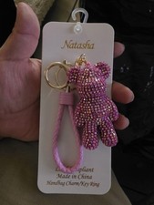 Natasha Pink Rhinestone Teddy Bear Handbag Charm Key Ring Braided Strap Bling