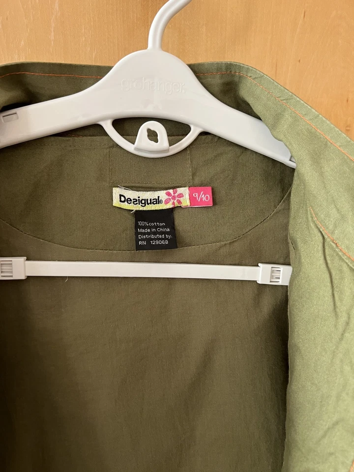 Kids Desigual Sz 9/10 Olive Green Cotton Jacket W/Hidden Hood Hip Length Fashion - Image 4 of 4