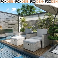 5 Piece Rattan Garden Furniture Set with Storage Table Footstools Cushions Grey