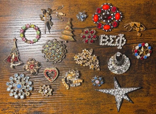 Vintage Jeweled Brooch Pin Lot Of 20 Rhinestone Costume Fashion Jewelry