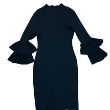Black Ribbed Knit Dress Tiered Ruffle Sleeves & Mock Neckline By Say What Goth