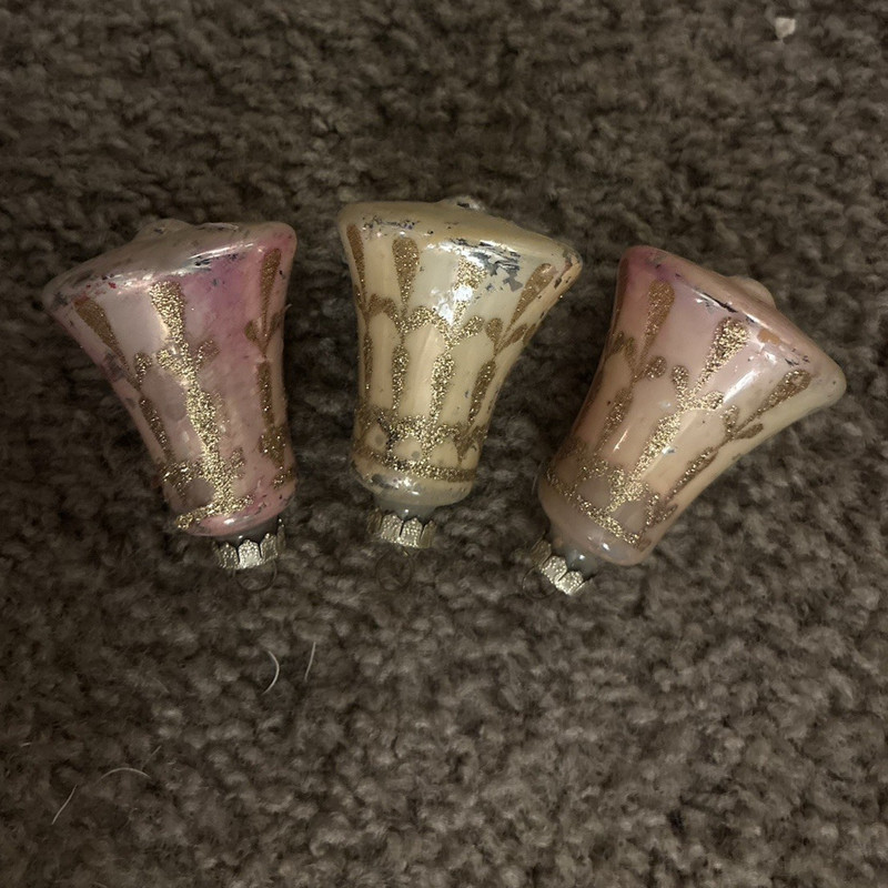 Glass Bell Ornament Set of 3 Pink Gold Hanging Christmas Holiday Decoration
