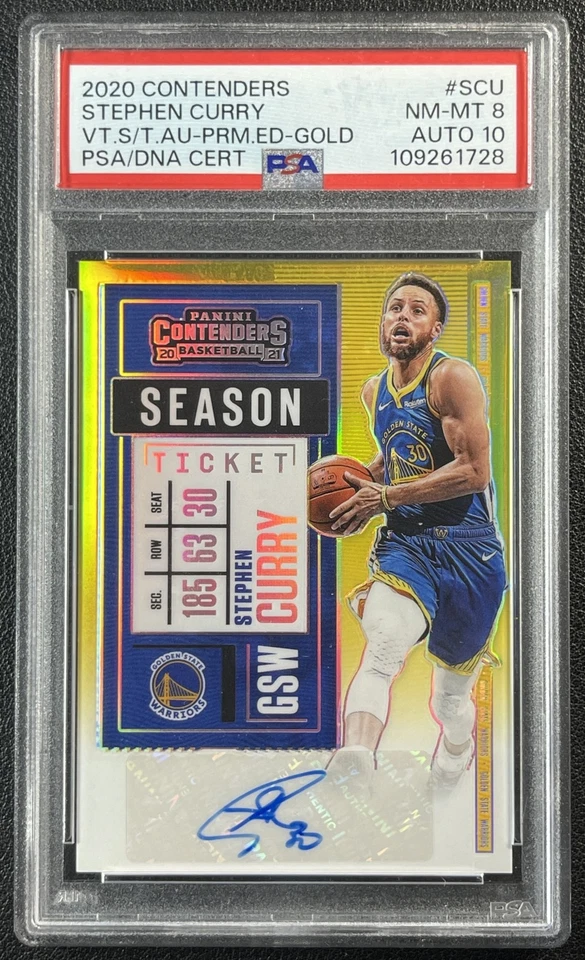 STEPHEN CURRY PSA 8 2020 PANINI CONTENDERS PREMIUM TICKET GOLD PRIZM AUTO 3/10