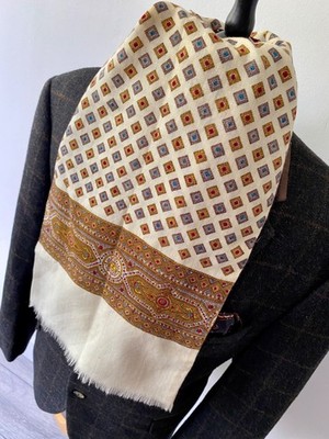 VINTAGE ACE HERREN INDIE/MOD BEIGE PAISLEY MEHRFARBIG WOLLE BOHO LANGER SCHAL KRAWATTE