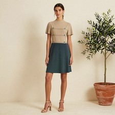 Evening Vintage Knee Length Dress Beige Grey Wool Shift High Neck Pockets US 8