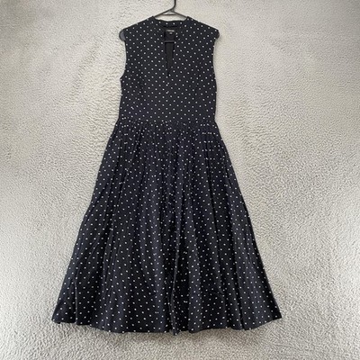 J. Peterman Dress Womens 8 Black Polka Dot Fit Flare High Neck Midi Cotton