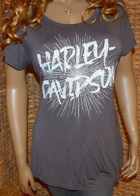 NWT Harley-Davidson 1X Gray Keyhole Back Rhinestone Bling S/S Shirt Top