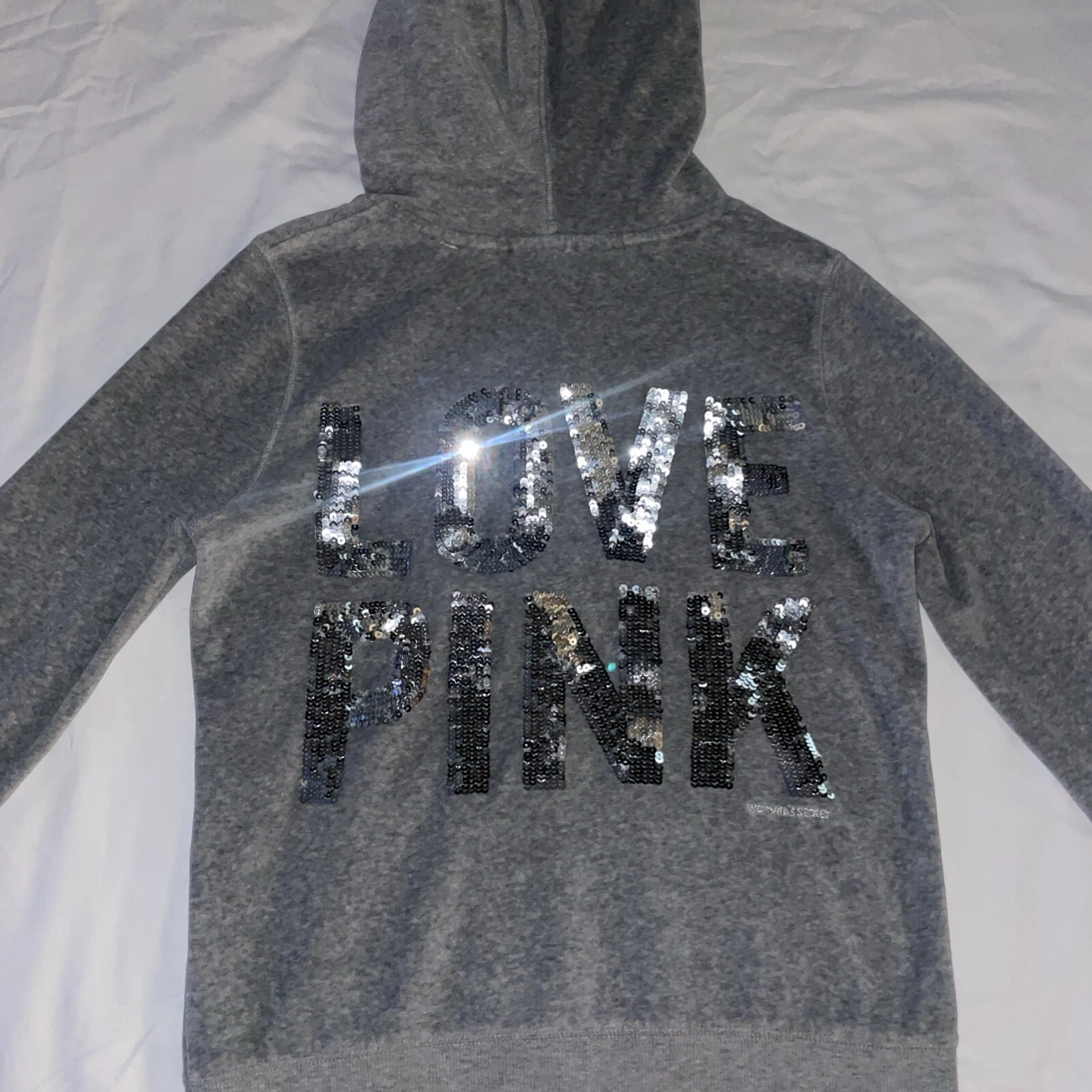 UNDERCOVER Felpa con cappuccio Victorias Secret LOVE ROSA grafica SEQUINS BLING velluto taglia small fuori produzione