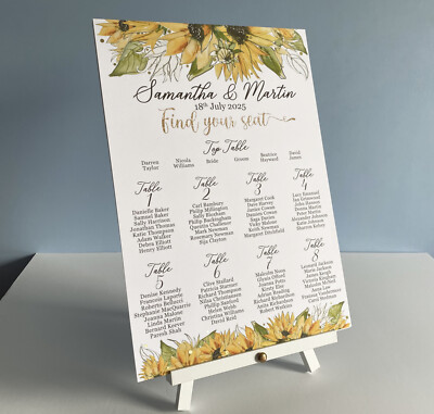 Sonnenblumen HOCHZEITSTISCH PLAN Schild Sitzdeko goldenes Laub rustikales Grün