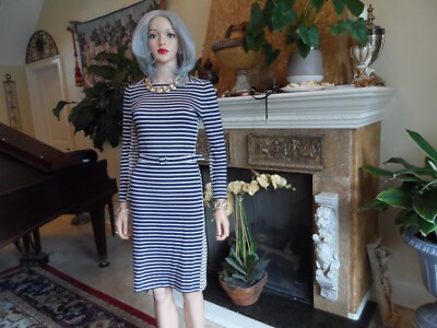 Tory Burch Navy Blue/Beige Striped Belted Sheath Dress w/Bateau Neckline  Size S | eBay