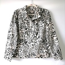 Chico s Women's White Black Snow Leopard Print Button-Up Jacket Size 2 US L