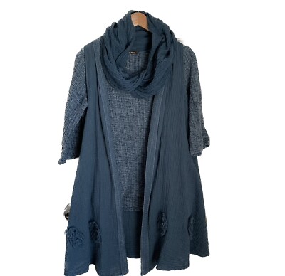 Kai Moon Artsy Two Piece Gauze Cowl Neck Textured Blouse Open Duster Vest Small