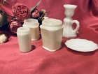 LOT OF 6 VINTAGE WHITE MILK GLASS JARS, CANDLESTICK, SMALL BUTTER DISH