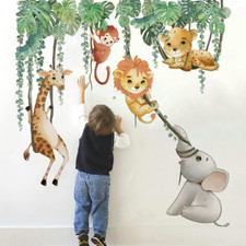 Safari Animals Wall Decals Palm Leaves Giraffe Lion Elephant Wall Art Stickers f