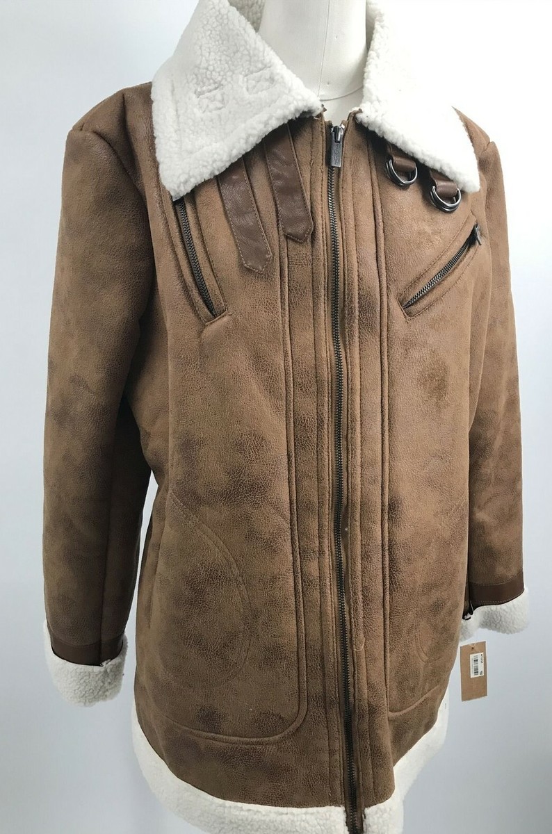 RACHEL Rachel Roy Women's Full Zip Brown Faux Fur Shearling Coat
