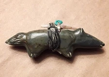 Edna Leki Serpentine Wolf Fetish w/Shell & Turq Offering, Zuni, ca. 1960s-70s