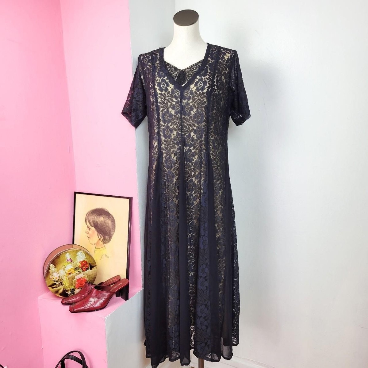 Vintage 90s Navy Lace Overlay Boho Maxi Dress | eBay Vintage 90s Navy Lace Overlay Boho Maxi Dress | eBay