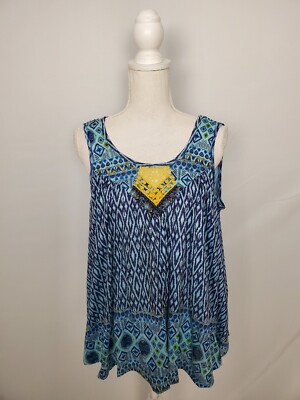 Unity World Wear Blue Flowy A-Line Tank Yellow Crochet Neck Women's Size Medium.