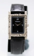 Fossil Watch Men Silver Stainless Steel Leather Black Water Res Battery Quartz