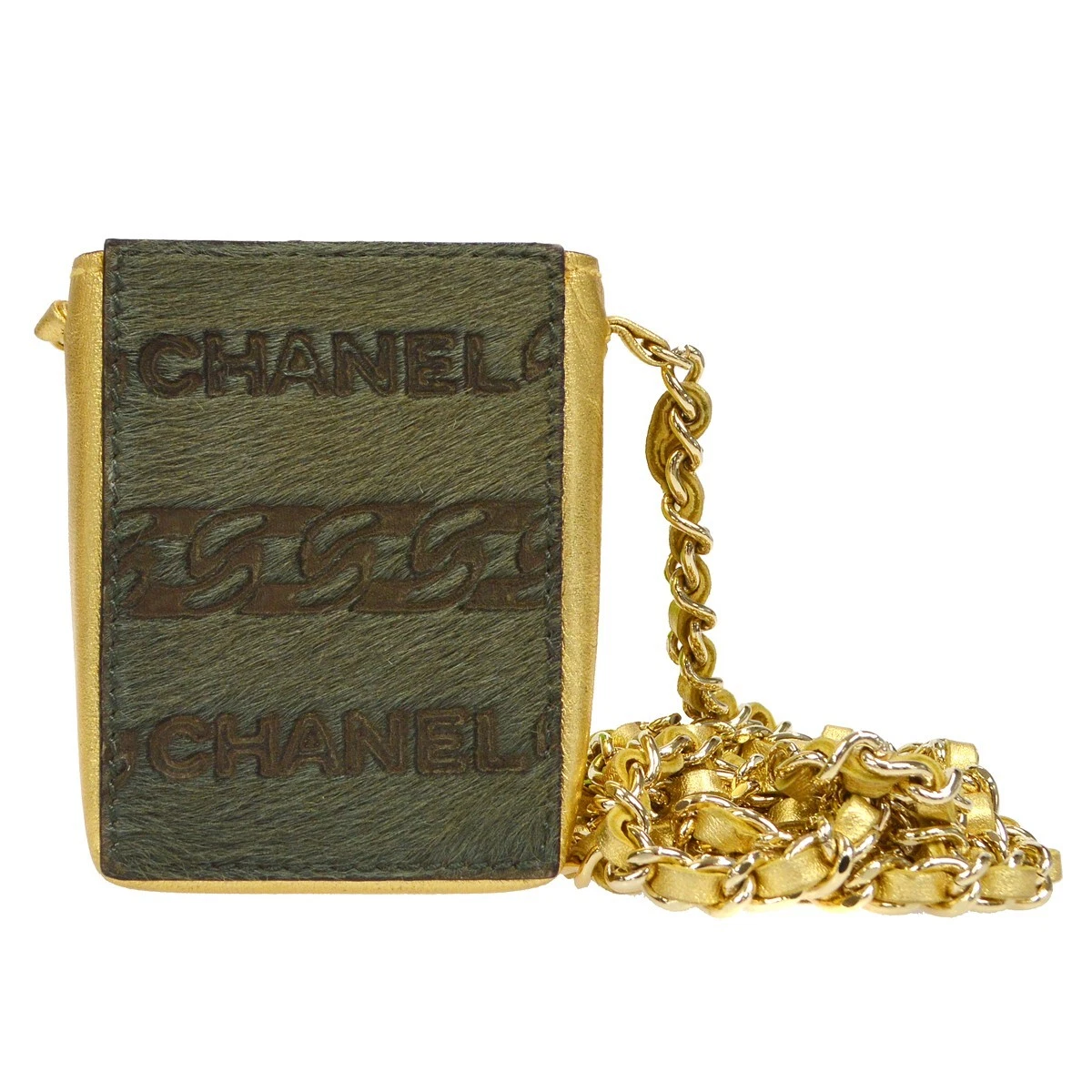 CHANEL CC Mini Chain Shoulder Pochette Khaki Gold Fur Leather 6905547  A41485d