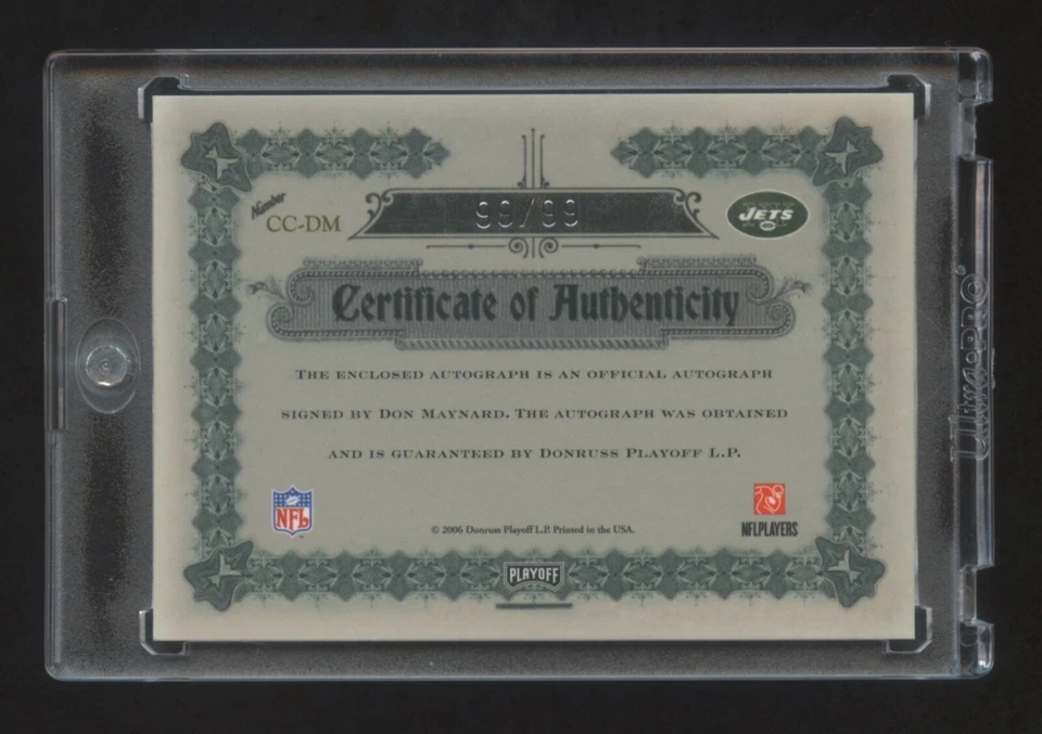 2006 NATIONAL TREASURES DON MAYNARD CANTON AUTOGRAPH HOF #ED 99/99 RARE JETS 1/1 - Image 2 of 2