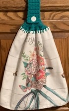 Double hanging kitchen towel spring bike flowers butterfly crocheted teal top