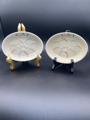 Set of 2 Fido's Diner Cat Bowl Raised Paw Colorful Fish Bones Oval Stoneware 6''