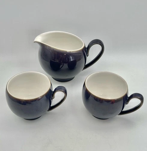 Denby Pottery England Pitcher & Two Tea /Coffee Mugs Cups Blue Ombre Rim