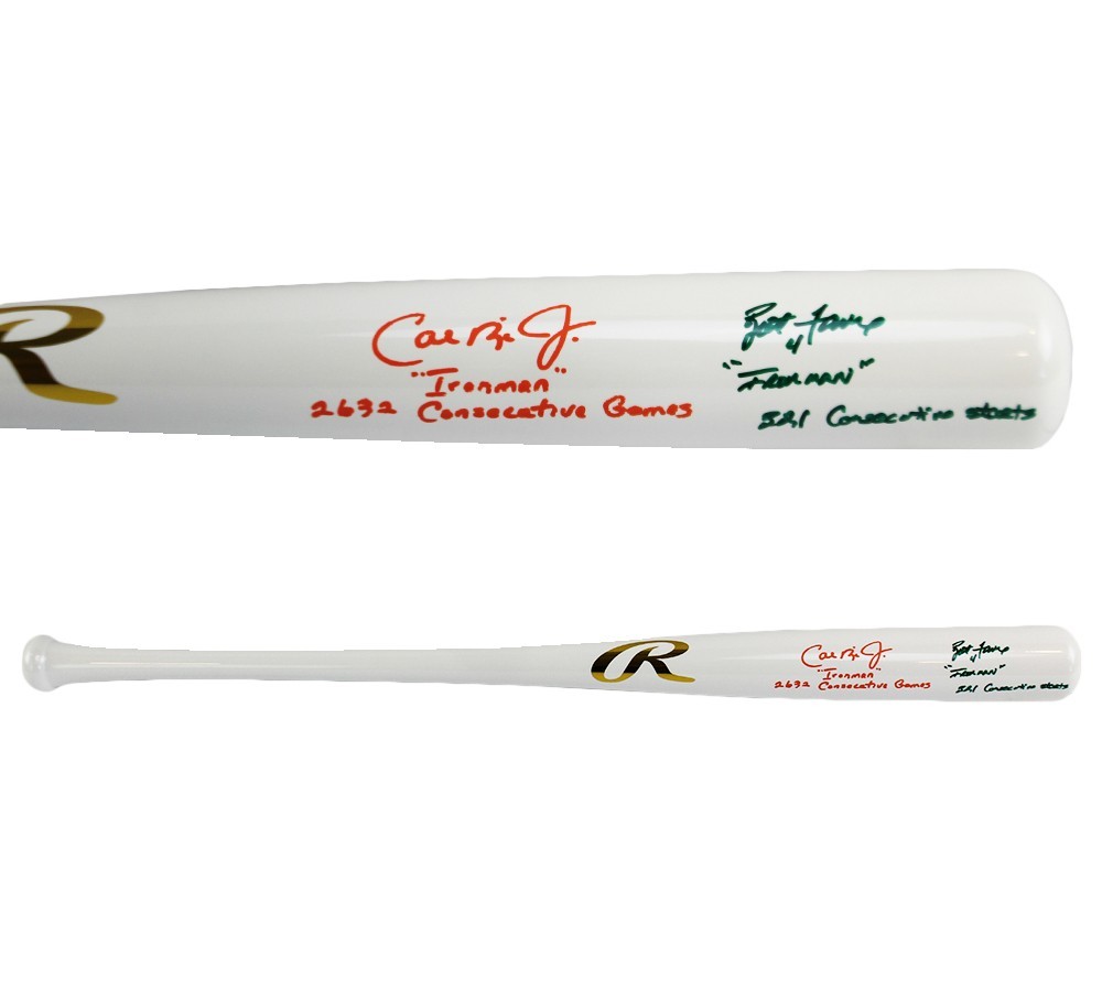 Cal Ripken Jr & Brett Favre Autographed Signed Baltimore Orioles White Chrome Bat - 2 Insc 