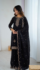 Women Black Sharara Suit Set Crunchy Silk Embroidered Kurta Dupatta Dress