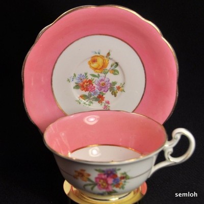 E Brain Foley Footed Cup Saucer Floral Sprays Bold Pink Bands Gold 1930-1936 HTF