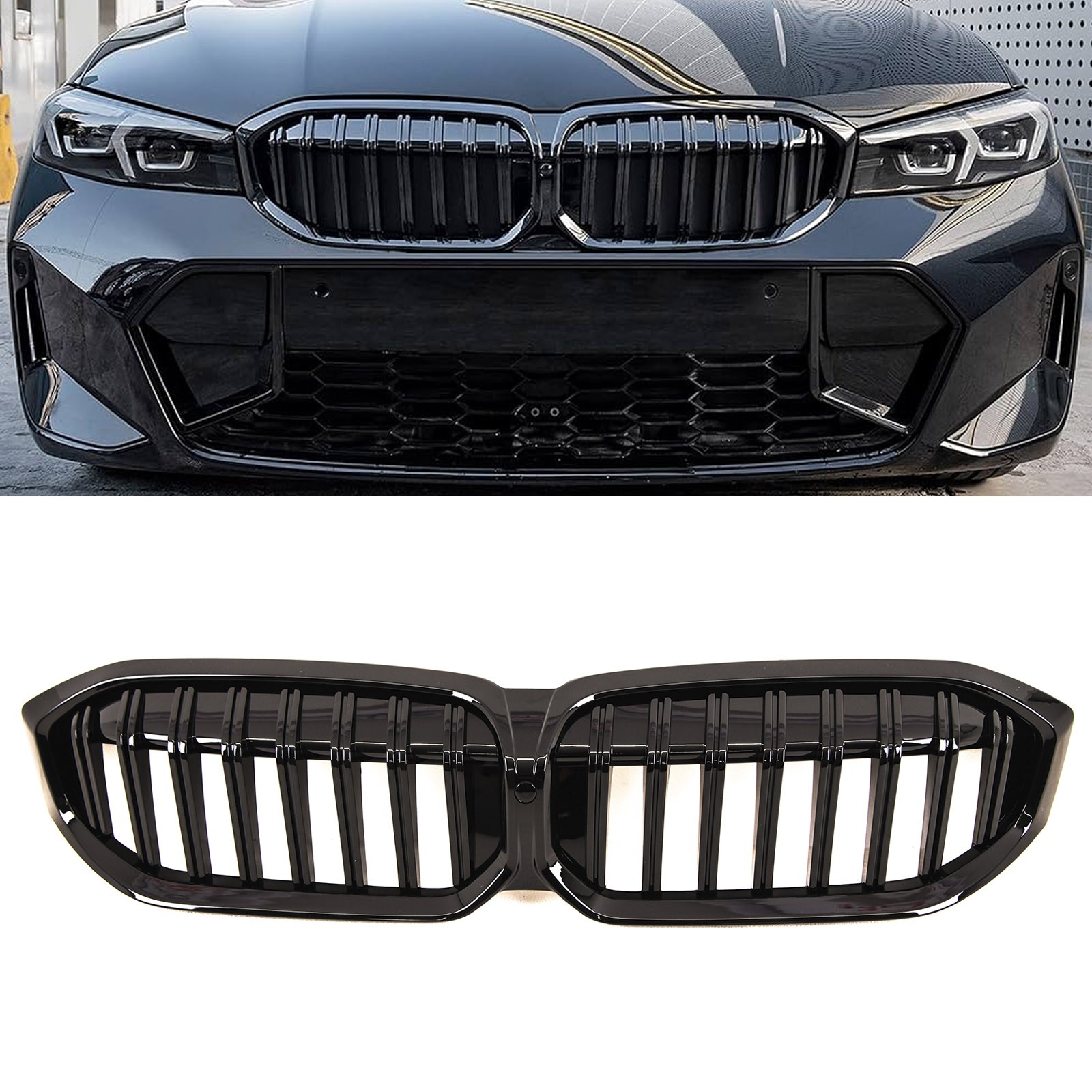 Fits BMW 3 Series G20 G21 LCI 2022- Front Kidney Grilles Single Slat Gloss Black