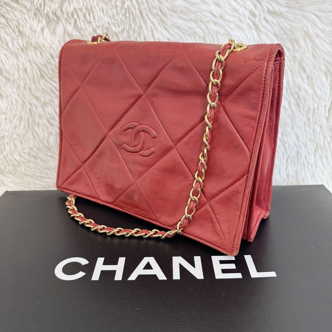 Chanel Matelasse Chain Shoulder Bag Lambskin Red Used From Japan