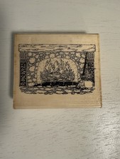 Vintage Wooden Rubber Stamp Christmas Fireplace 1990โ Made In USA New