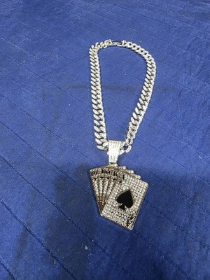 Iced Out Miami Cuban Link Chain with Royal Flush Playing Card Pendant, 18 Inch