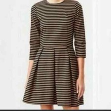 GAP Dress Women 0 Tan Black 3/4 Sleeves Zip Party Holiday Pockets Preppy Striped