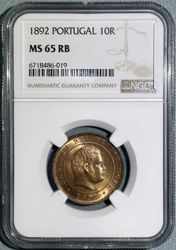 Portugal 1892 10 Reis Full Red Bronze ChBU Coin Carlos I Top Pop NGC MS65RB 5/0