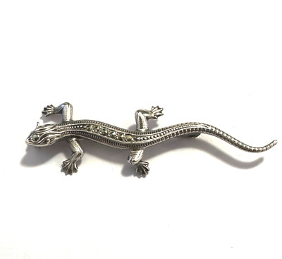 Vintage Gecko Salamander Brosche Silberbrosche Markasiten 835 er Silber 5,5 cm