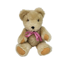 8" VINTAGE BROWN JOINTED MOHAIR TEDDY BEAR W/ BOW STUFFED ANIMAL PLUSH TOY
