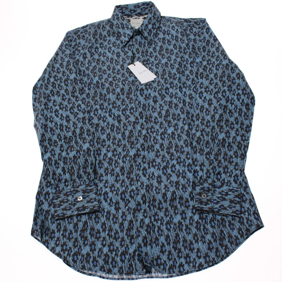 Paul Smith 全新带标签正装衬衫 15 码蓝色/黑色抽象花卉 100% 棉 — 第 3/4 张图片