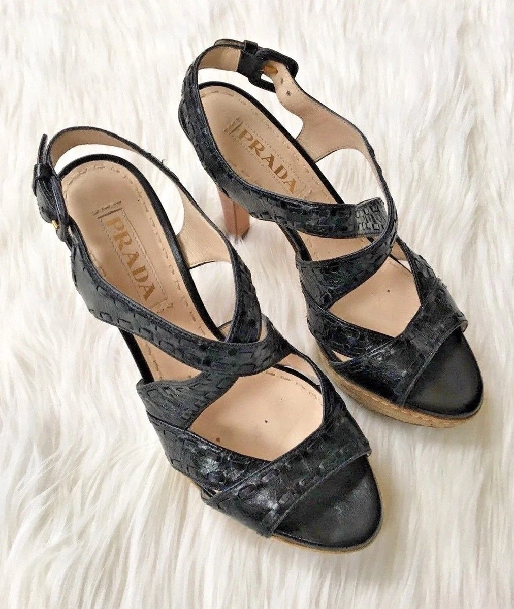 Prada Crisscross Platform Sandal Heels Black Leather Italy Size 36