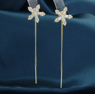 925 Silver Post/Needle Clover Flower Clear CZ Pull Through Threader Earrings G13