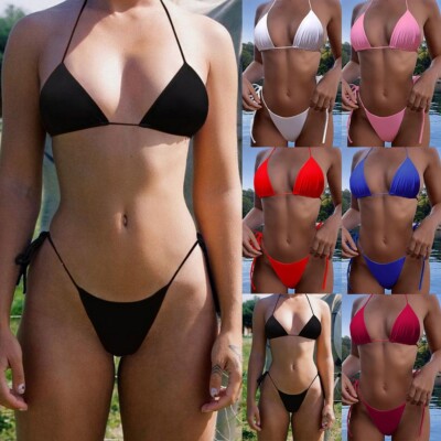 --  Sexy einfarbiges Bikini Set, Triangel Bikini mit G-String Höschen, TOP