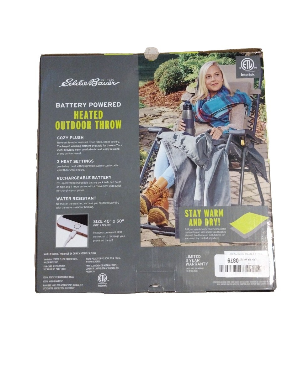 Eddie Bauer Portable Heated Throw Blanket 40" x 50" Rechargeable