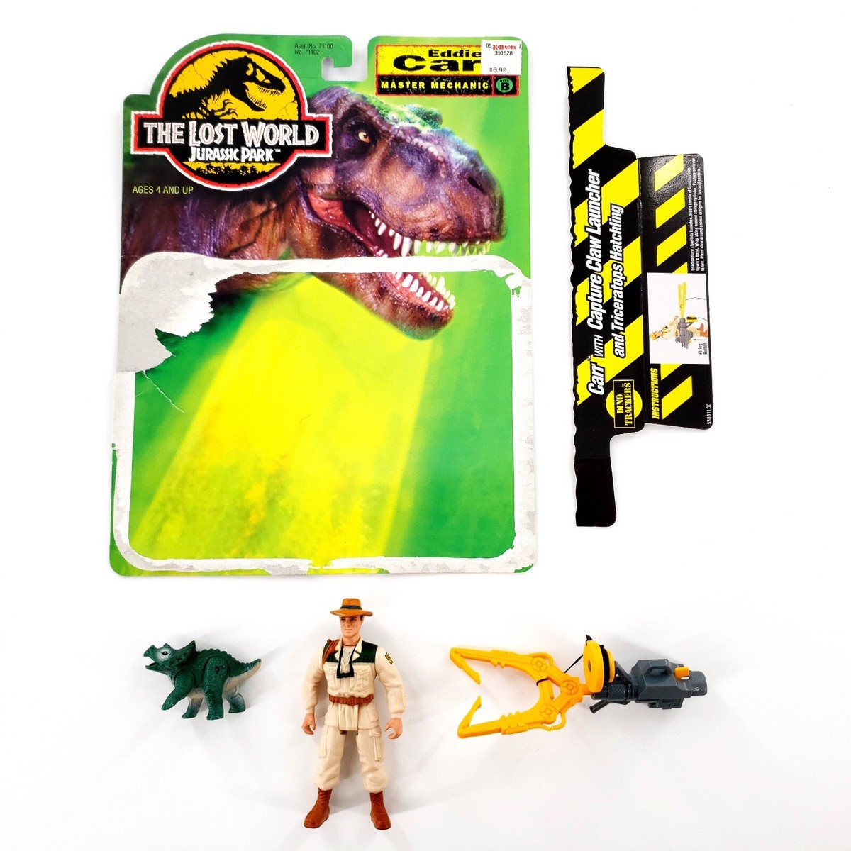 Vtg Jurassic Park Lost World Eddie Carr w/ Capture Claw Launcher  Triceratops