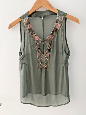 Vintage Giorgio Armani Beaded Silk Top Dark Olive IT 42 US 6 Italy