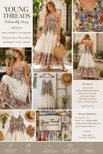 Young Threads Boho Floral Maxi Dress Cotton Beaded Cottagecore Prairie L