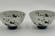 Japanese Crackle Gray & Blue Cats Ramen / Noodle Bowls 4 3/4” Set Of 2 Footed