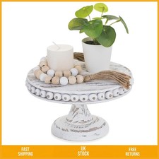 Rustic White Beaded Wood Cake Stand Round Cupcake Pedestal Display Riser 8in