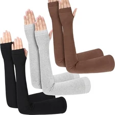 3 Pairs Arm Warmer Long Fingerless Gloves for Women Black, Light Gray,brown